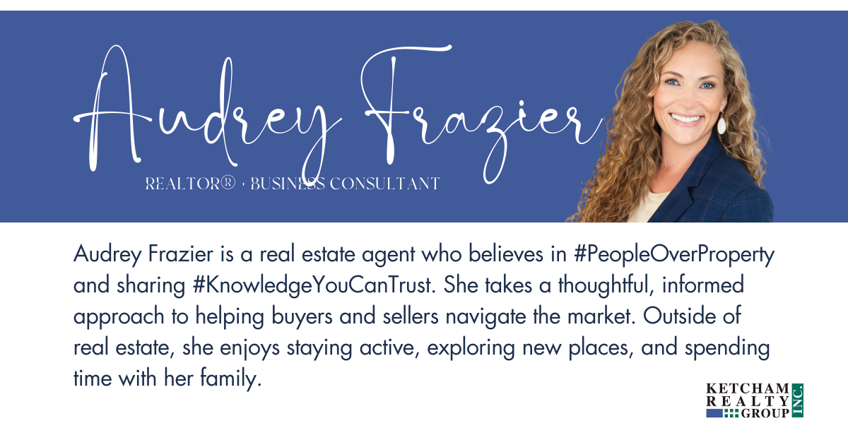 A professional headshot of Audrey Frazier, a Realtor and business consultant, with a blue banner displaying her name and title. Below, a description highlights her belief in #PeopleOverProperty and #KnowledgeYouCanTrust, her approach to real estate, and her personal interests. The Ketcham Realty Group logo is visible in the corner.