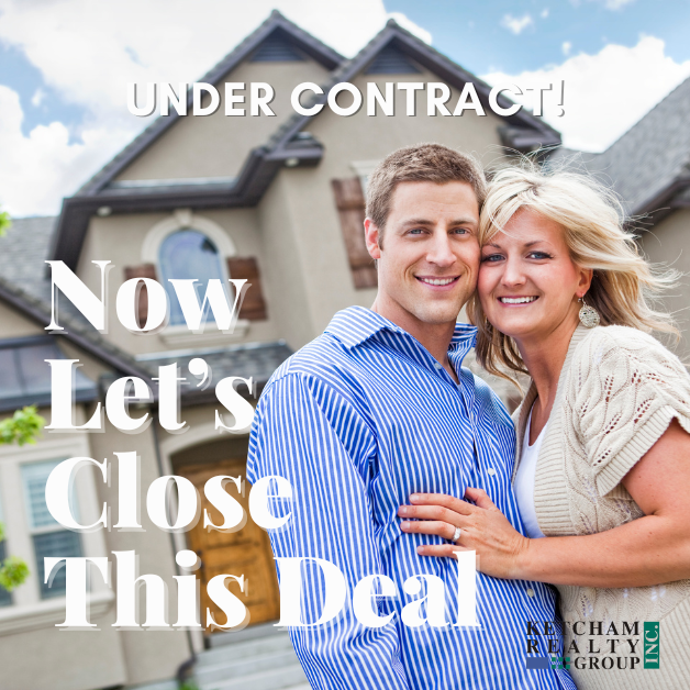 A happy couple standing in front of their new home holding a 'Sold' sign, with an overlay text that reads 'Under Contract, Now Let’s Close This Deal.' The couple looks excited, capturing the moment after their offer was accepted.